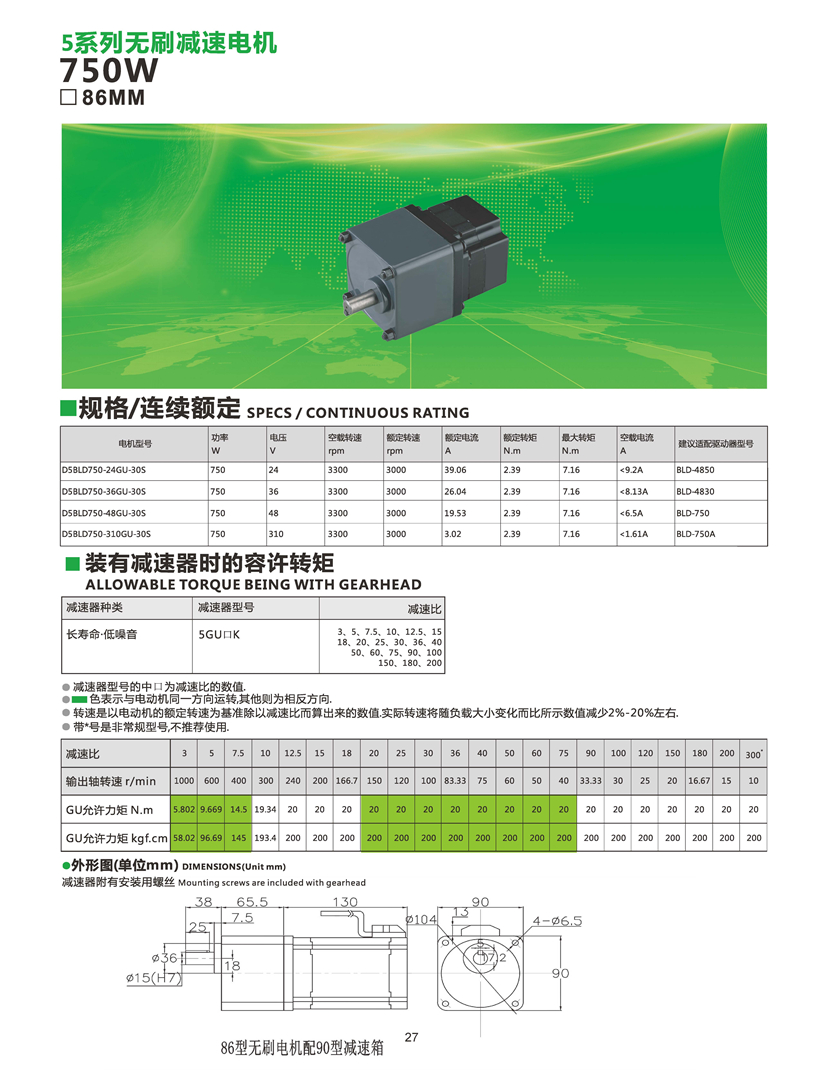 無刷齒輪電機(jī)750W